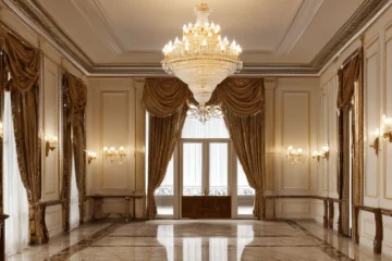 Grand crystal chandelier scaled correctly in a double-height classic hall with gilded cornices