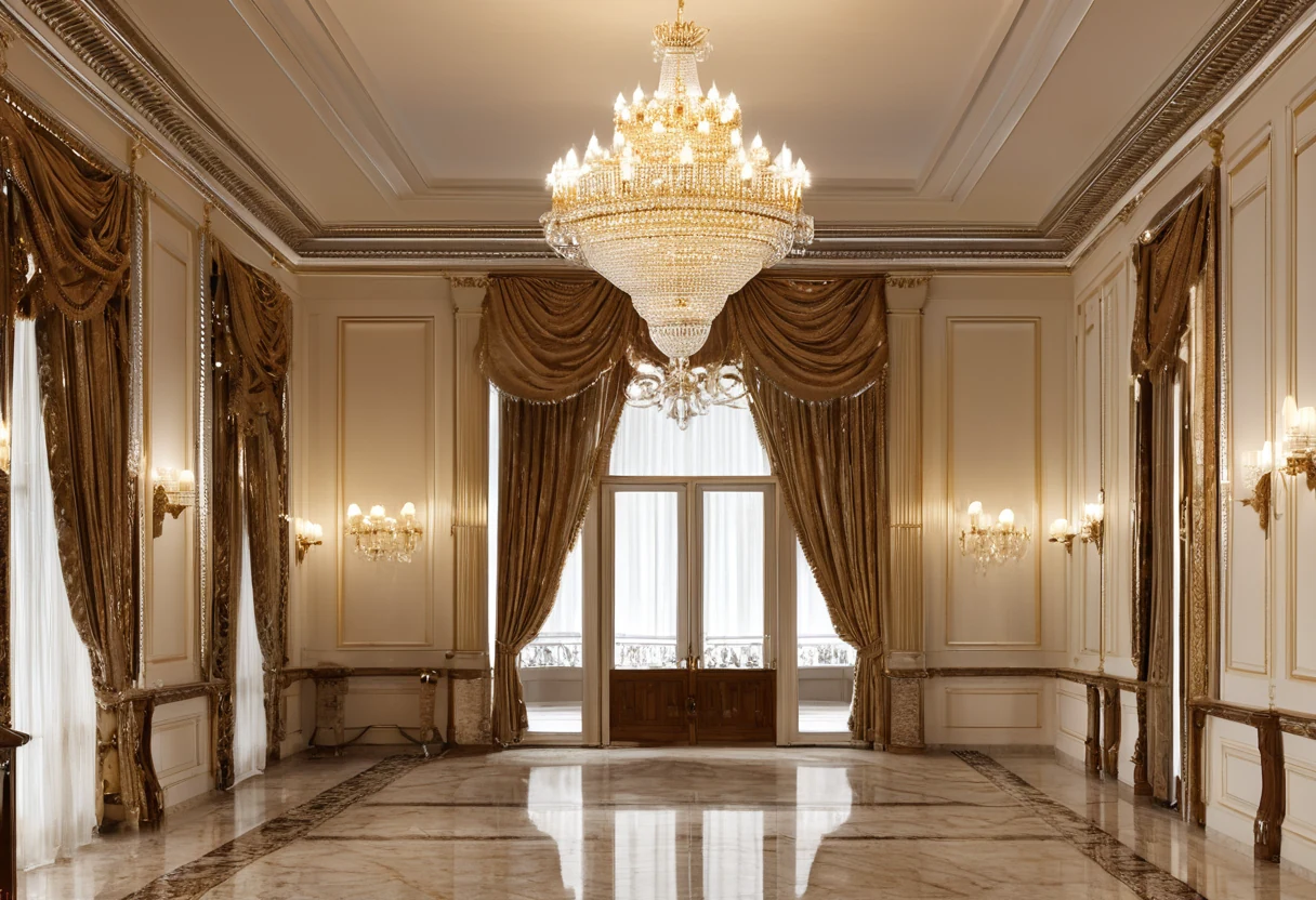 Grand crystal chandelier scaled correctly in a double-height classic hall with gilded cornices
