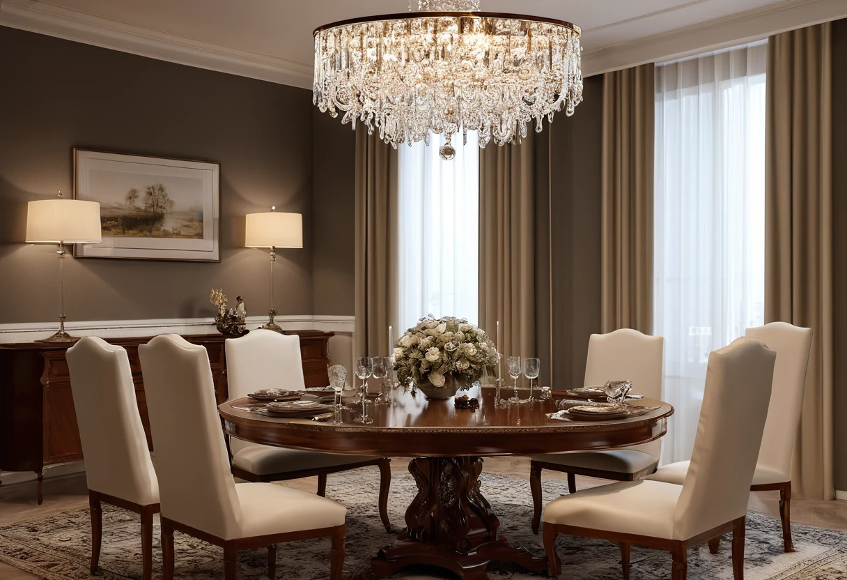 Crystal chandelier hung 80 centimeters above a classic dining table, edges well inside the table line