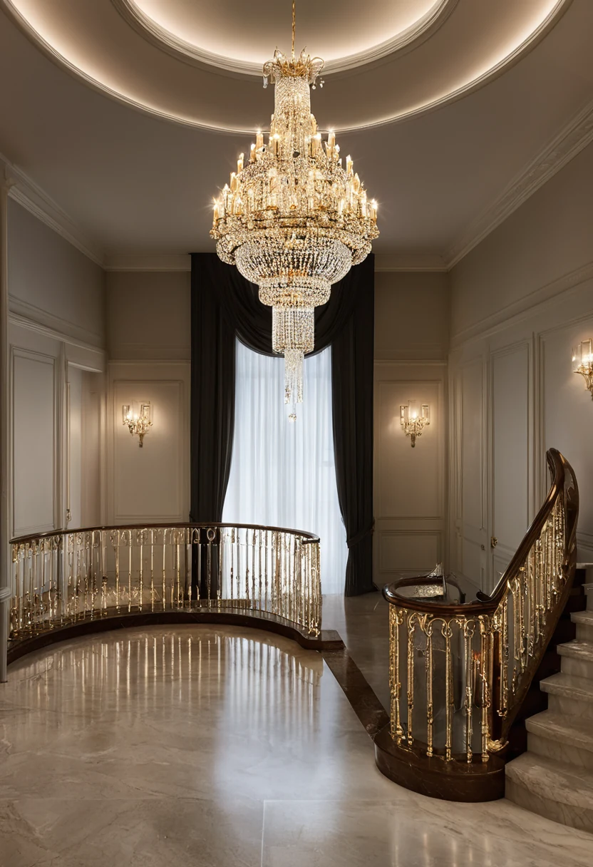 Tall cascade crystal chandelier descending through a classic stairwell void with gilded balustrade