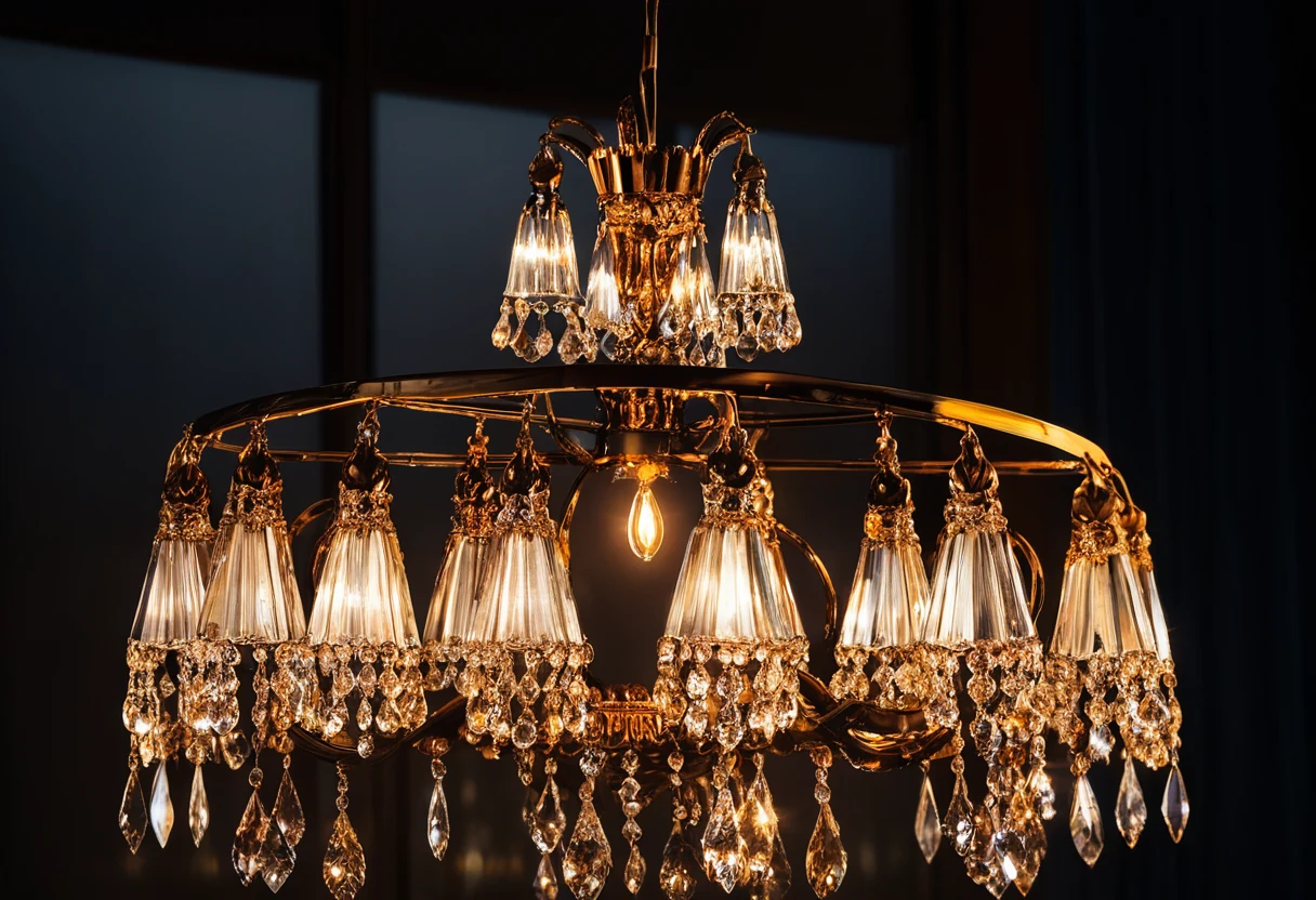 Cut crystal pendants glowing at deep amber dim-to-warm level like candlelight in a dark room